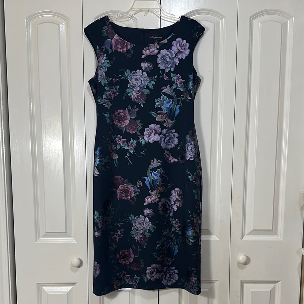 Blue Floral Sheath Dress Sleeveless Midi